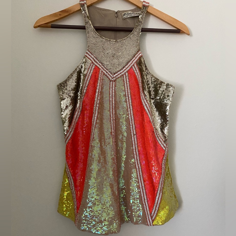 Allsaints gold coral Jade sequin vest embellished top size 10